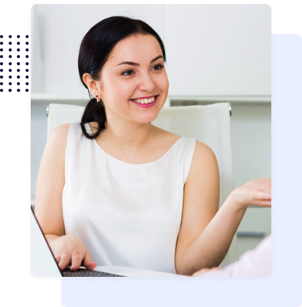 Smiling business professional discussing web app solutions in a meeting
